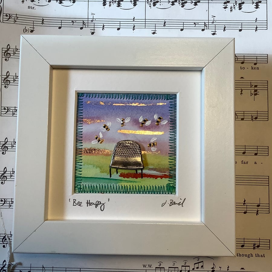 Bee Happy mixed media picture. Nature. Quirky. Recycled, vintage. Mother’s Day.