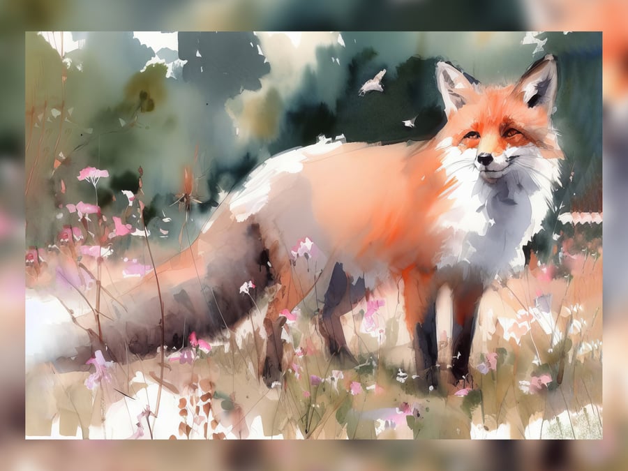 Whimsical Fox Watercolor Art Print 5x7 - Woodland Creature Decor