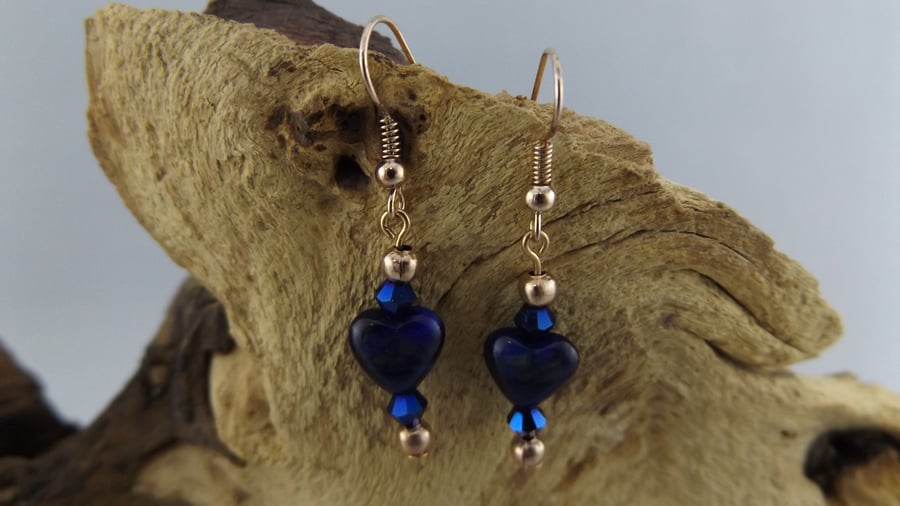 Blue Tiger's eye  heart dangle earrings with Austrian blue crystal 