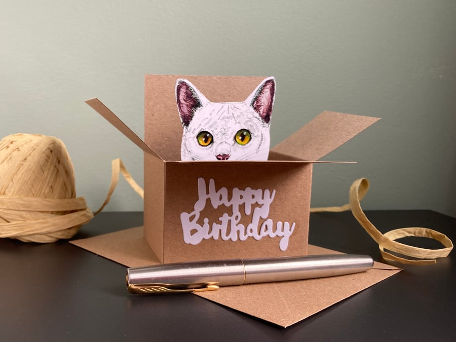 Cat Birthday Card - White Cat box card. Birthday gift card holder for cat lovers