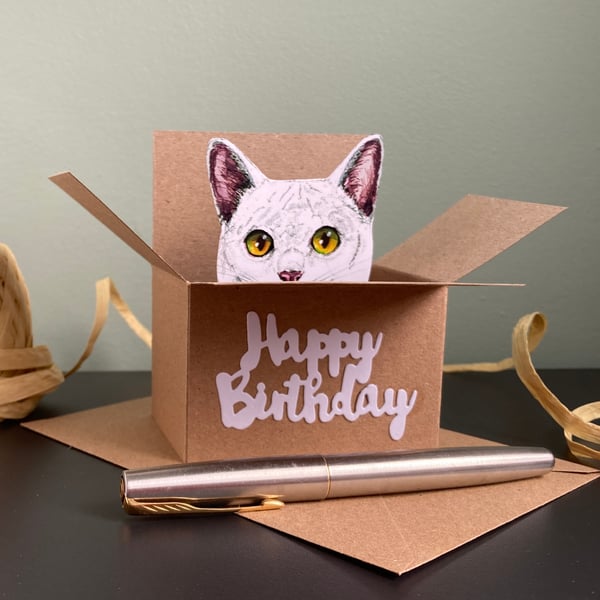 Cat Birthday Card - White Cat box card. Birthday gift card holder for cat lovers