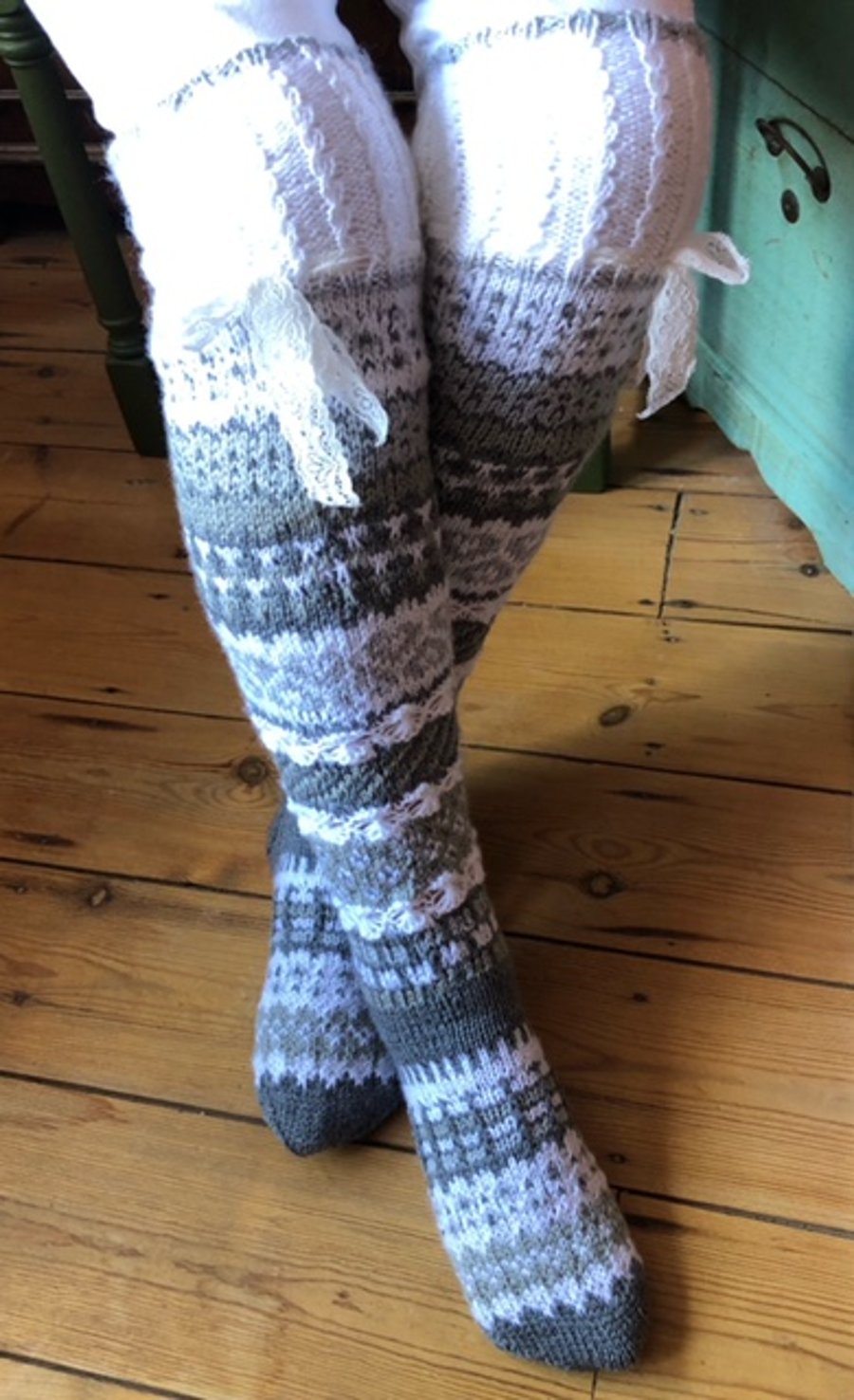 Hand knitted Over the Knee Fairisle socks