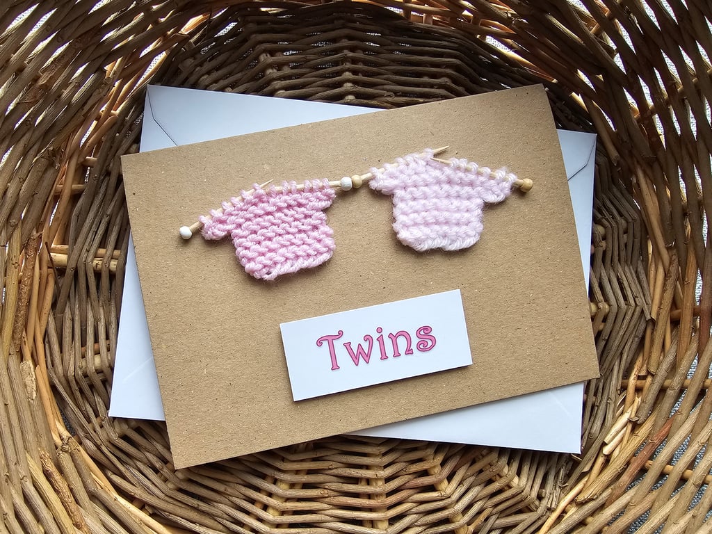 Twin Girls Card with Tiny Pink Knitted Jumpers Size 6" x 4"