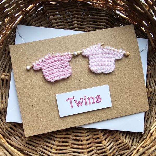 Twin Girls Card with Tiny Pink Knitted Jumpers Size 6" x 4"