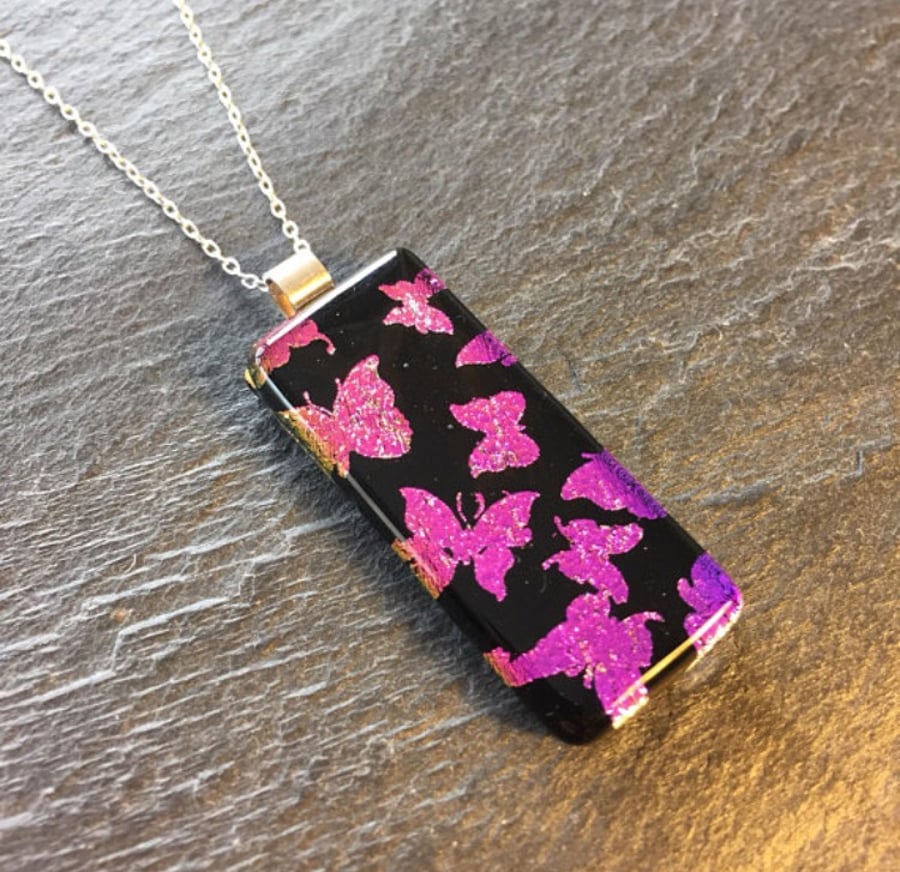 Pink butterfly pendant - pink dichroic glass jewellery