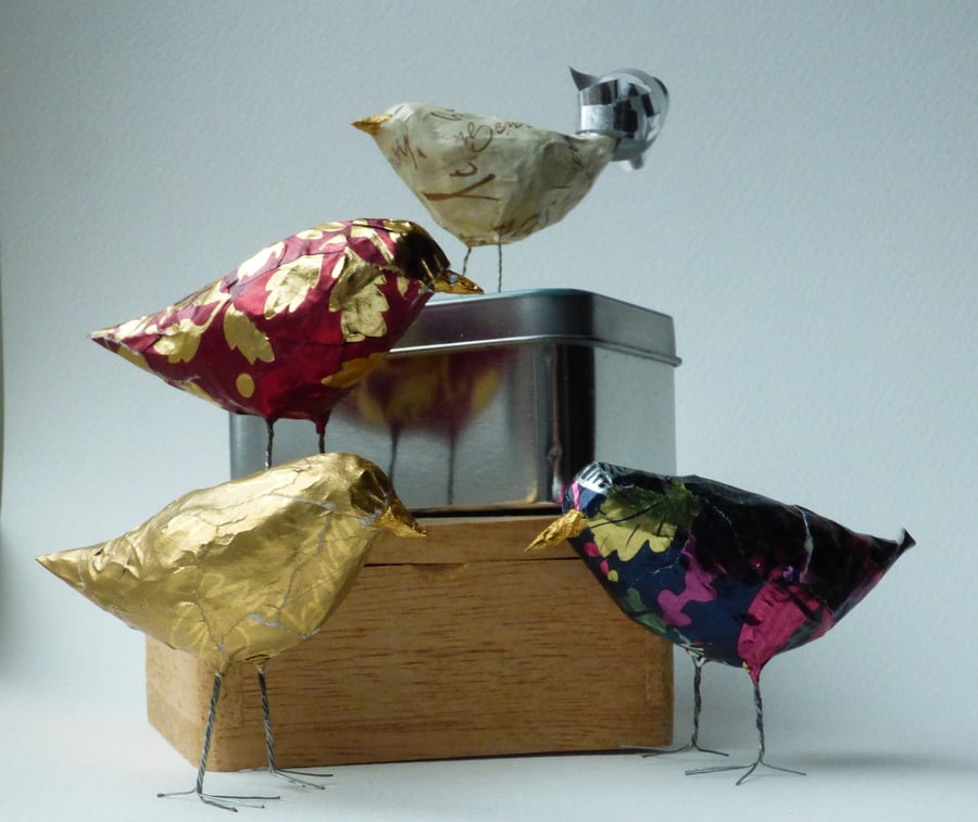 Tiny birds, recycled from wrapping paper