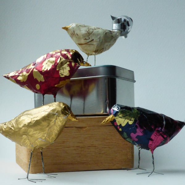 Tiny birds, recycled from wrapping paper