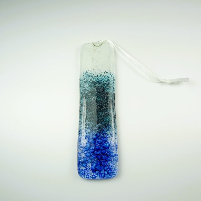 White green blue bubble fused glass suncatcher, handcrafted, 3x12cm (0128)