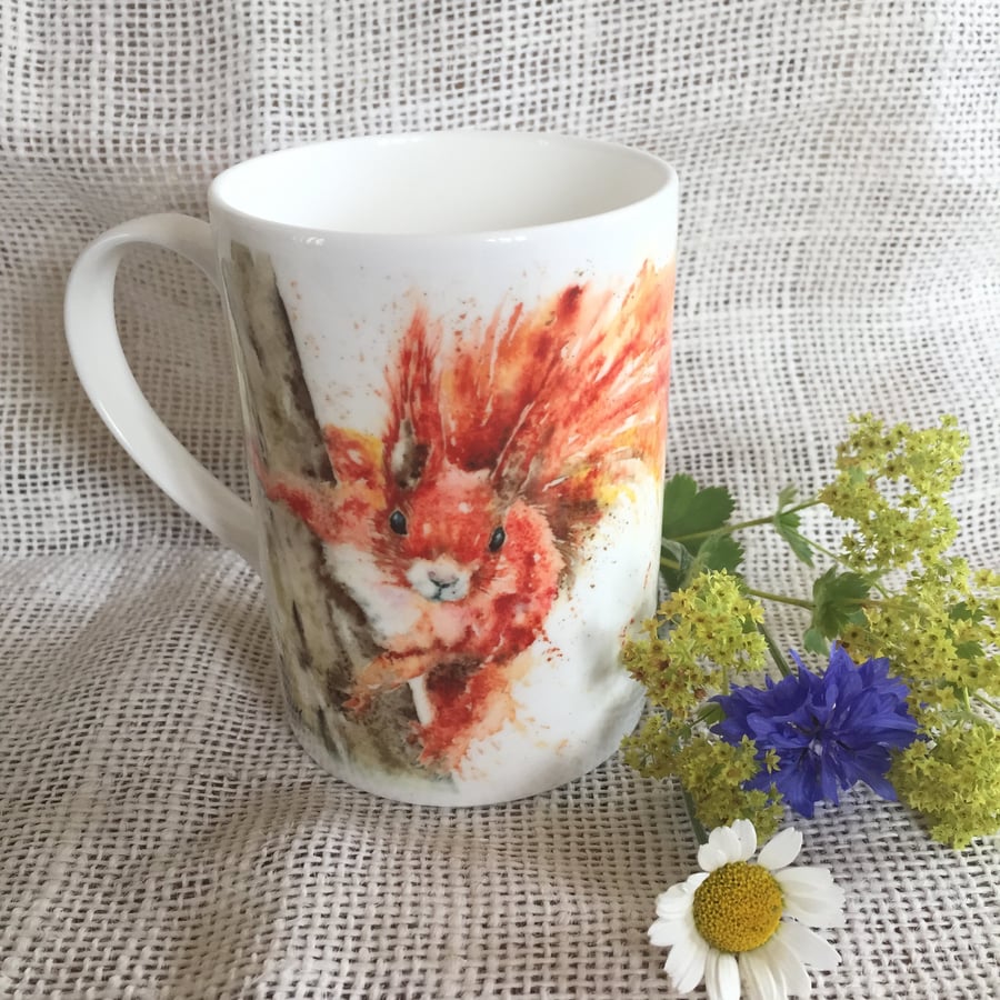 Red Squirrel Watercolour Bone China Mug, Fine Bone China 10 oz cup