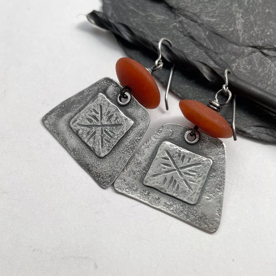 Reserved for Debbie Large oxidised silver tribal earrings with orange beads