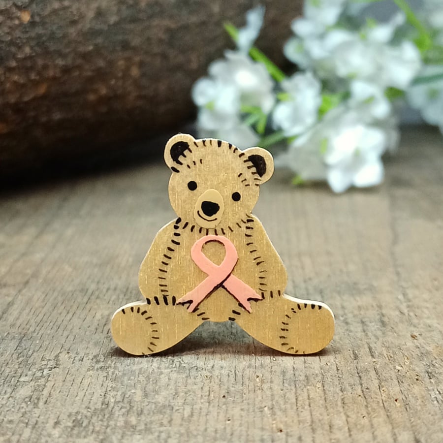 Uterine Cancer Awareness Teddy Bear Brooch, Endometrial Cancer Pin, Handmade