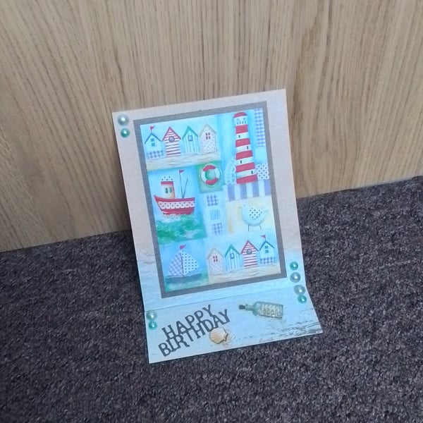 Seaside Happy Birthday Card, Beach Birthday, Nautical Card, Easel Style