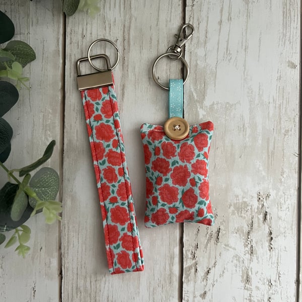 GIFT SET: Lavender Filled Key Ring & Wristlet Fob, Red Rose Floral
