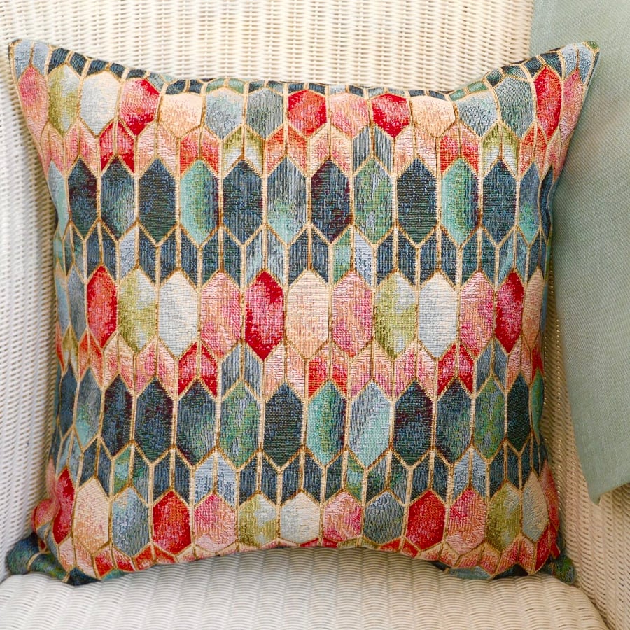 Cushion: Tapestry Throw Pillow, Stained Glass design - Mint reverse