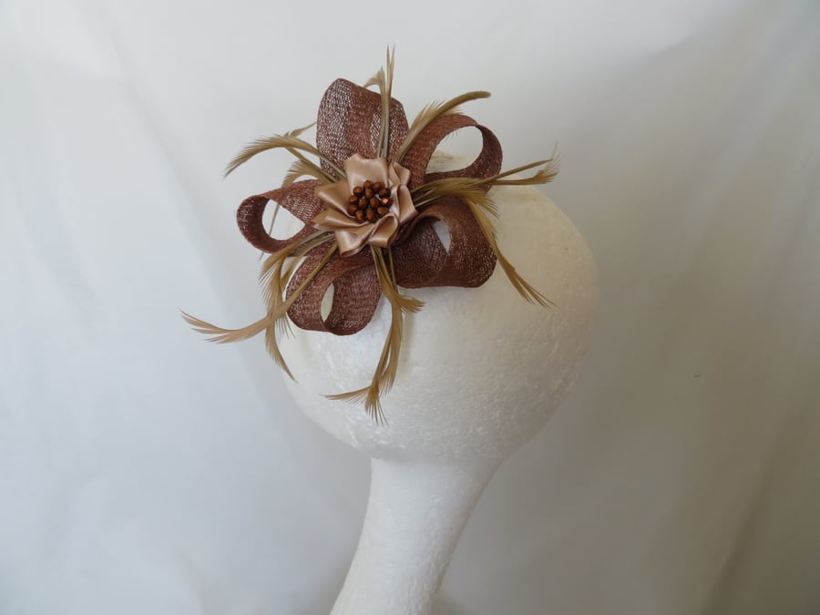 Bronze Copper Beige Sinamay Loop Feather Crystal Clip Fascinator