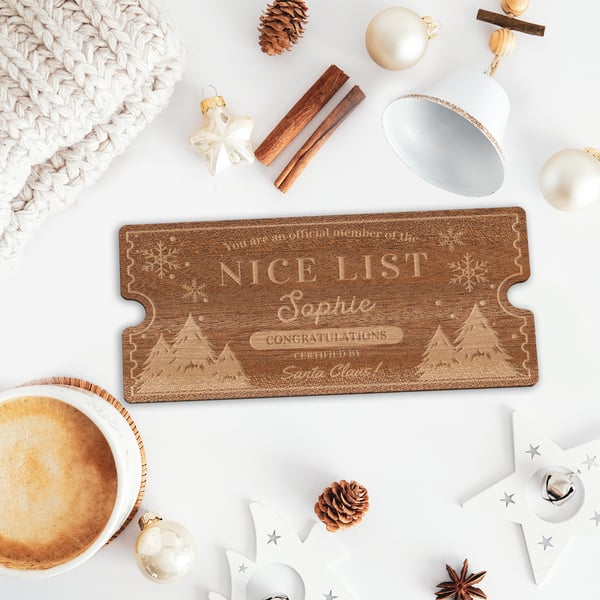 Nice List Ticket - Trees: Personalised Santa's Nice List Wooden Certificate