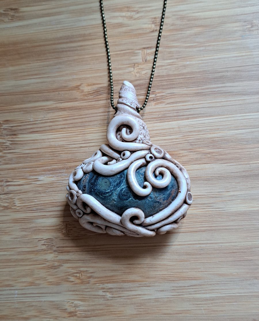 Kambaba Jasper Crystal and Polymer Clay Amulet Pendant