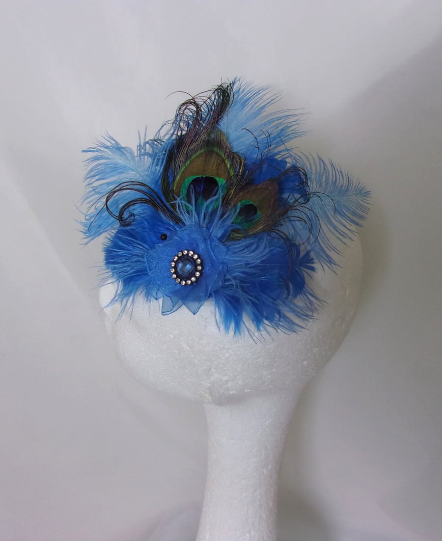 Pale Sapphire Blue Peacock Feather Vintage Style Hair Clip Fascinator