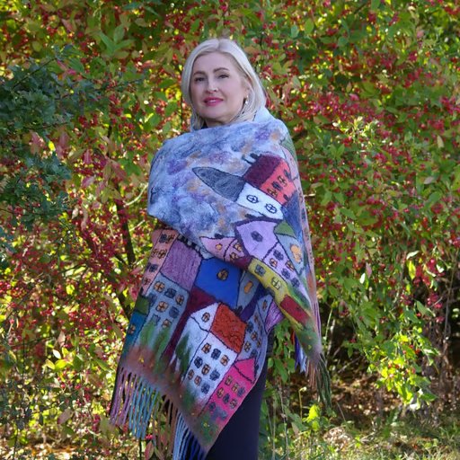 One of a Kind Nuno Felted Art Stole – Hand Felted Wool and Silk Cityscape