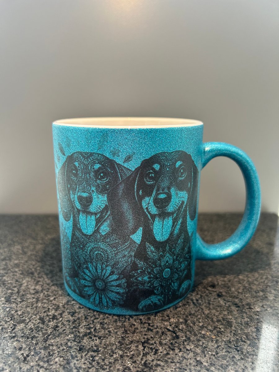 Blue glitter dachshund mug