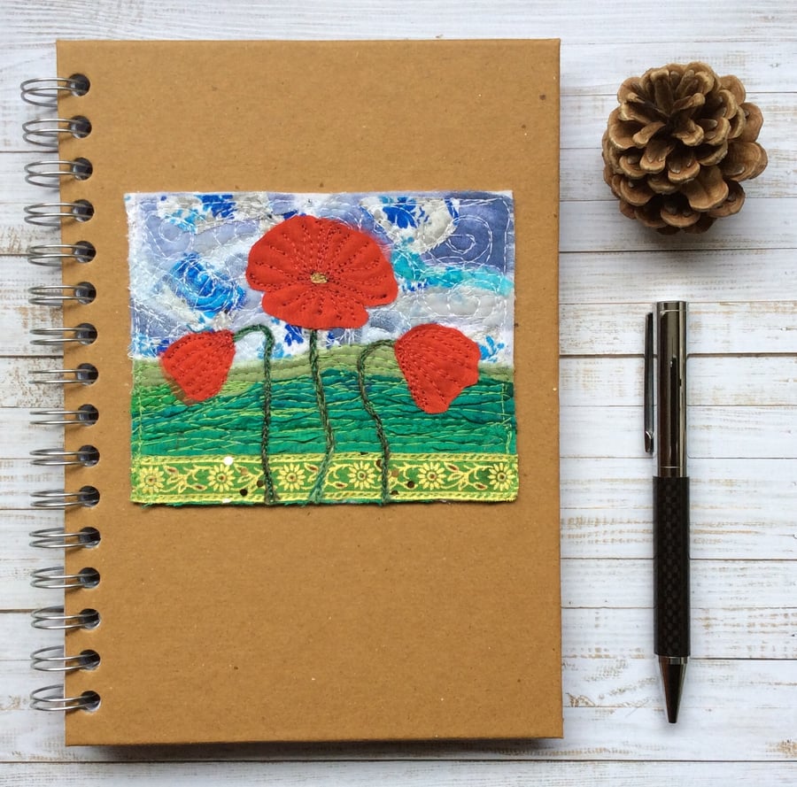 Embroidered poppy A5 lined hardback notebook. 
