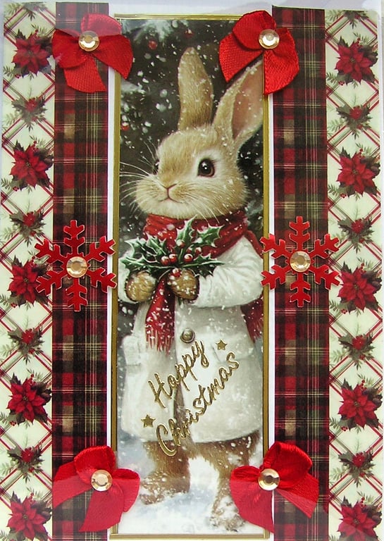 Hand Crafted Decoupage Chistmas Card - Happy Christmas (3214) Cute Bunny Rabbit