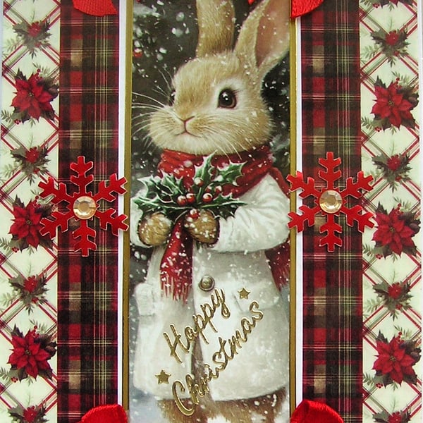 Hand Crafted Decoupage Chistmas Card - Happy Christmas (3214) Cute Bunny Rabbit