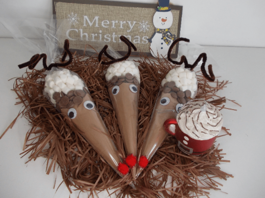 2 Reindeer Hot Chocolate Cones Christmas Eve Box filler Stocking Fillers