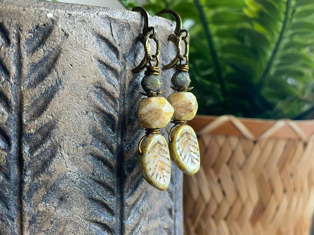 Nature-Inspired Sage Green Czech Glass Leaf Earrings with Leverback Earwires 