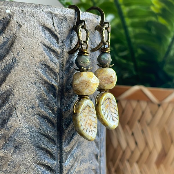 Nature-Inspired Sage Green Czech Glass Leaf Earrings with Leverback Earwires 