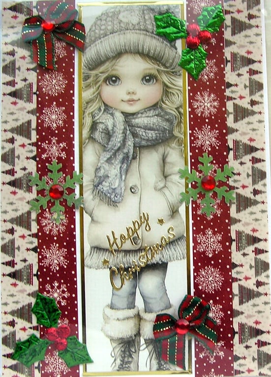 Hand Crafted Decoupage Chistmas Card - Happy Christmas (3201) Young Girl