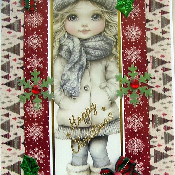 Hand Crafted Decoupage Chistmas Card - Happy Christmas (3201) Young Girl