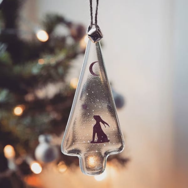 Moongazing Hare fused glass Christmas Tree Decoration, ornament, home decor, nat