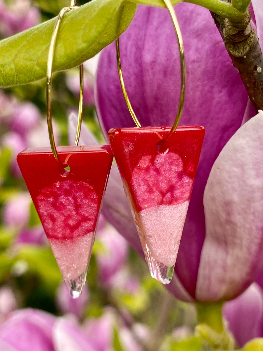 Handmade magenta pink resin and glitter triangle hoop earrings