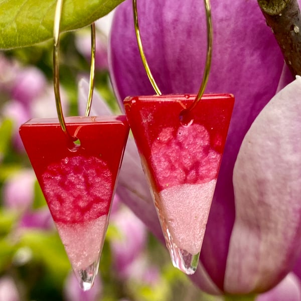 Handmade magenta pink resin and glitter triangle hoop earrings