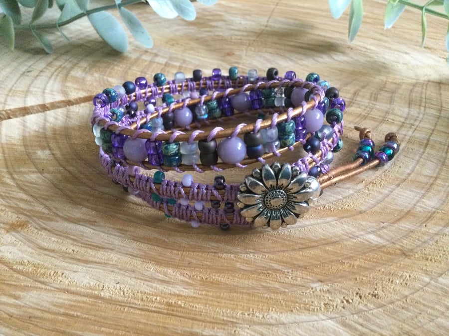 Boho ladies beautiful handwoven beaded leather wrap cuff bracelet, yoga bracelet