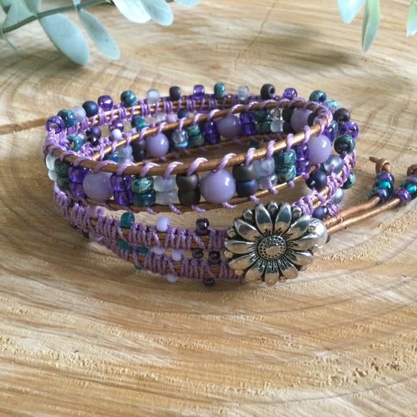 Boho ladies beautiful handwoven beaded leather wrap cuff bracelet, yoga bracelet