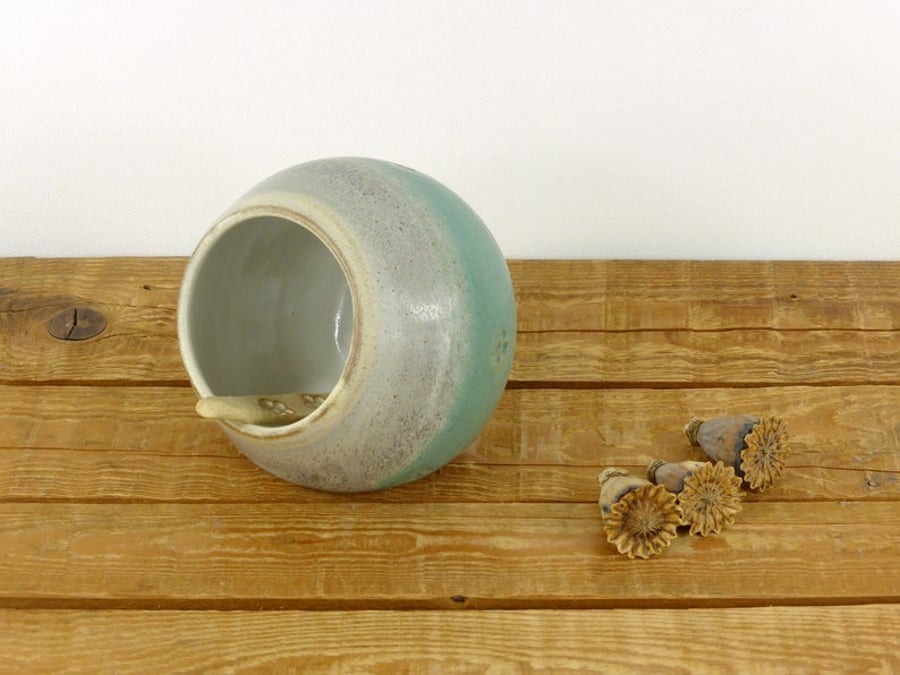 Tilted Salt Pig & Handcrafted Spoon, Jade, Grey and Cream, Buttercup Imprints