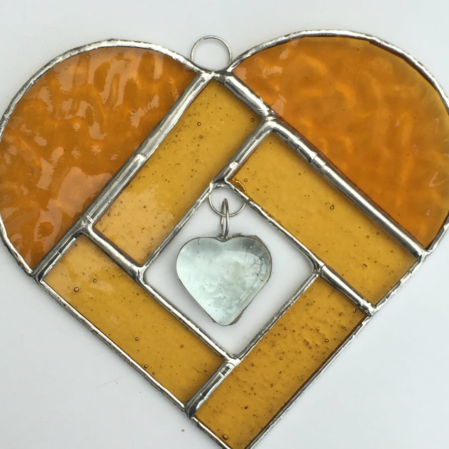 Stained Glass Heart Heart Suncatcher - Handmade Hanging Decoration - Amber