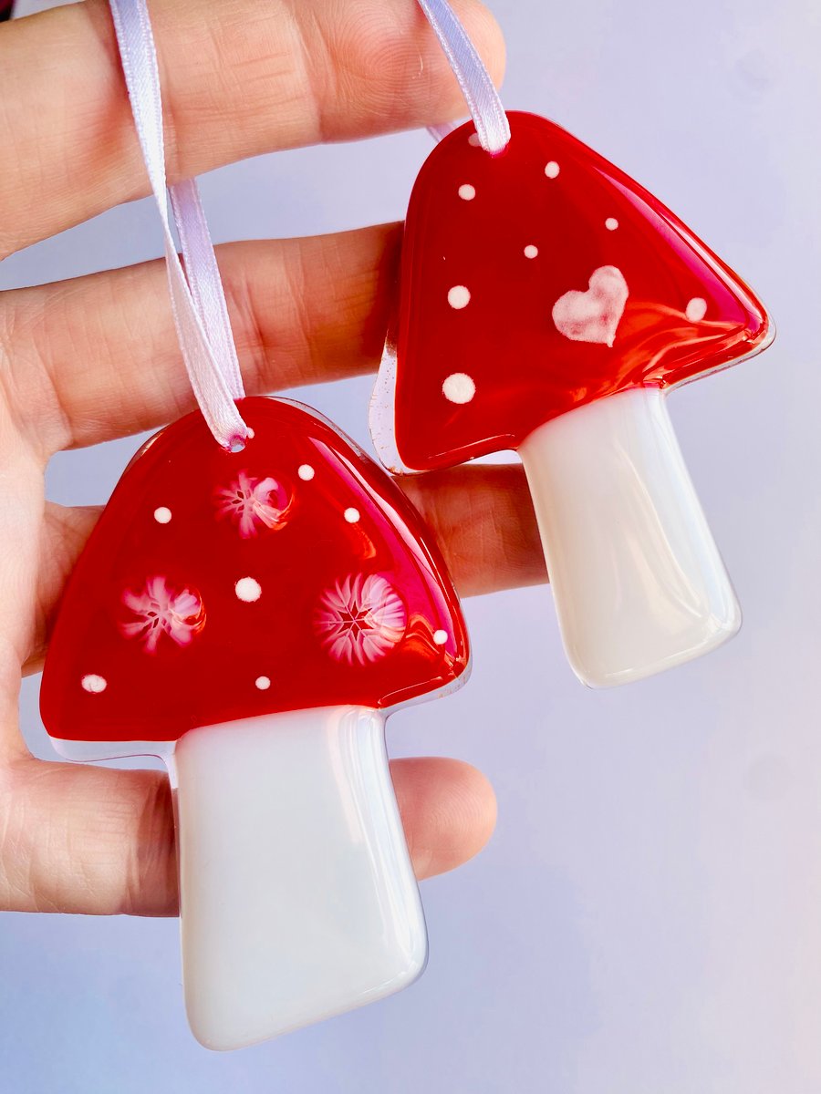 Fused glass hanging mushroom Christmas  decoration fairy house garden decor