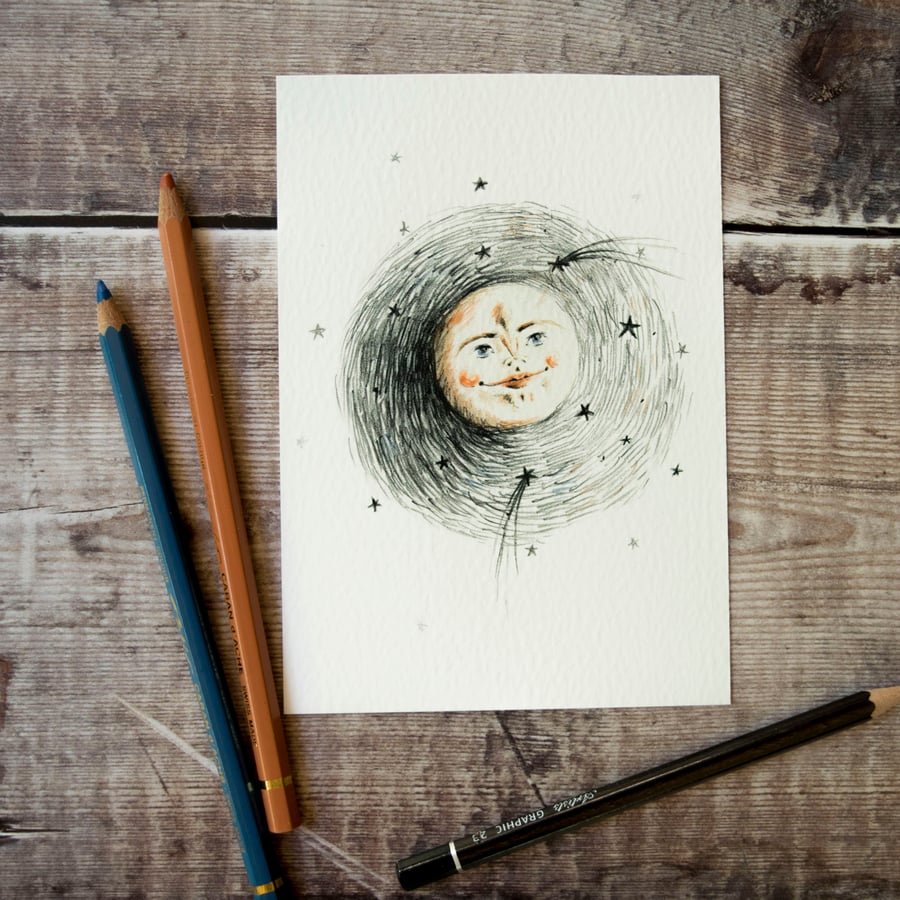 Full moon in a starry night illustration art print. Archival. A6, 4x6