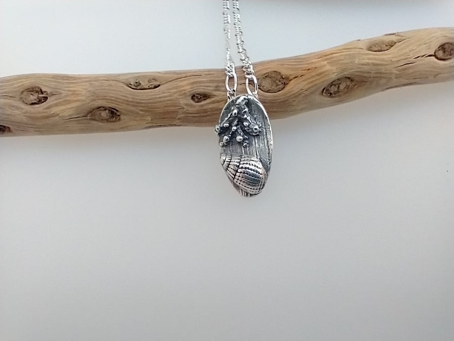 Miniature Silver Oval Driftwood Seaweed and Shell Necklace