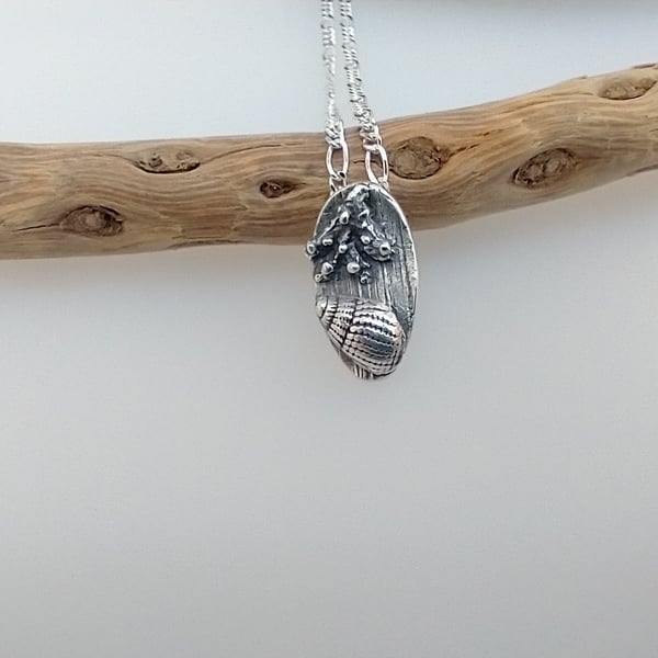 Miniature Silver Oval Driftwood Seaweed and Shell Necklace