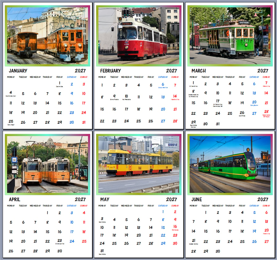 2027 Calendar Trams A4 Size Wall Hanging 