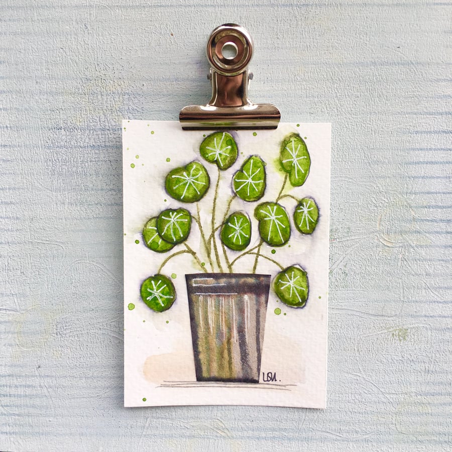 Original watercolour and collage ACEO miniature painting house plant 