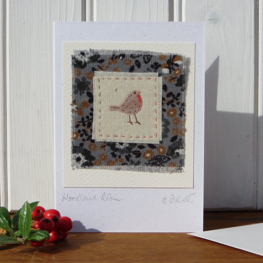 Woodland Robin hand-stitched card for Christmas - detailed miniature, keepsake