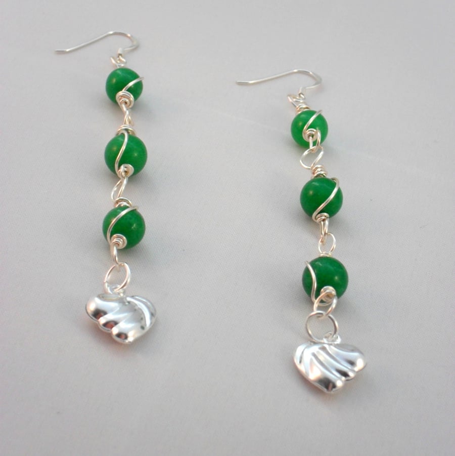 Heart Drop Earrings With Green Quartzite and Sterling Silver Ear Eires