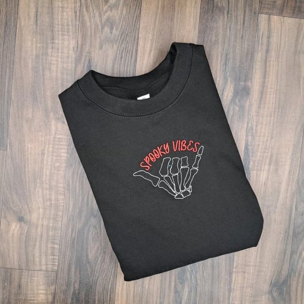 Handmade Embroidered Halloween Sweatshirt - Minimalist Skeleton Hand Cosy Spooky