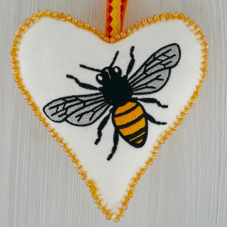 Beaded Felt Heart Decoration: Embroidered Bee design 5” (12.5cm)
