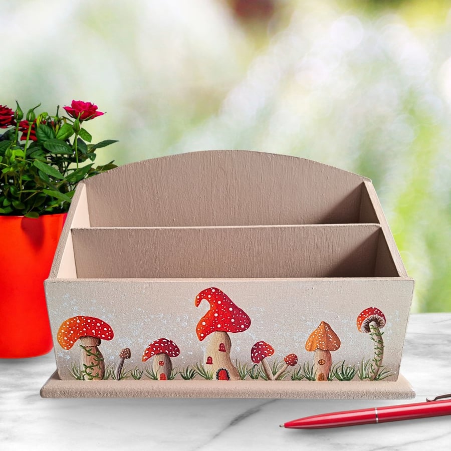Red Toadstool Letter Rack - Mushroom Desk Tidy